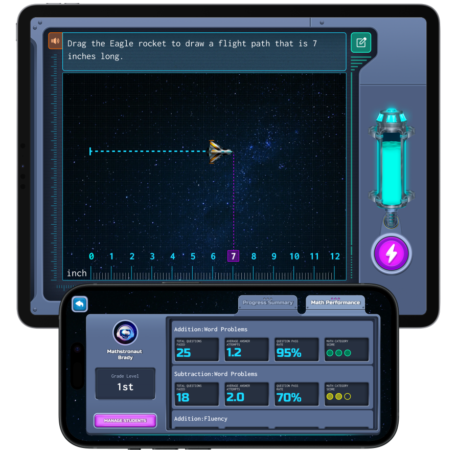 Mathstroverse app showing rocket trajectory game and performance dashboard
